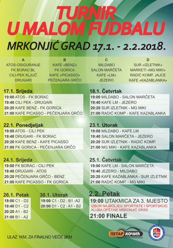 Турнир у малом фудбалу Мркоњић Град - распоред утакмица